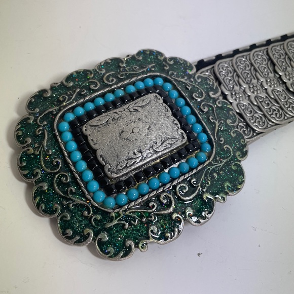 Vintage Rocker Biker Metal Accented Belt Stretch Hook Enamel Buckle W Blue Beads main image 5
